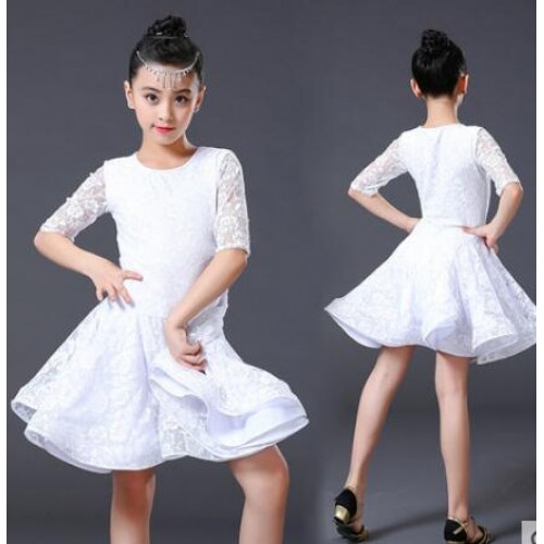 Girls latin dance dresses kids children white lace stage performance professional salsa rumba chacha dance skirts costumes